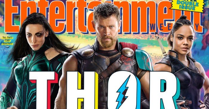 Couverture d'Entertainment Weekly pour Thor: Ragnarok avec Hela, Thor et Valkyrie