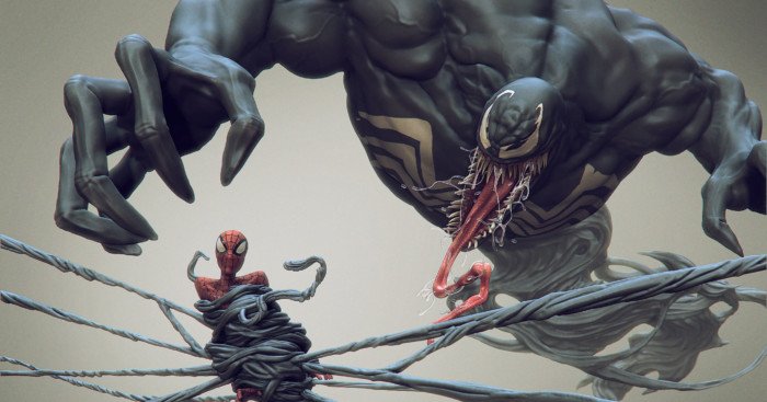 Image de Venom ayant pris Spider-Man au piège (par Daniel Bystedt).