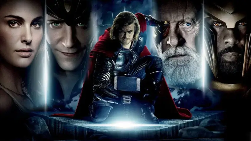 Bannière du film Thor réalisé par Kenneth Branagh avec Chris Hemsworth, Natalie Portman, Anthony Hopkins et Tom Hiddleston.