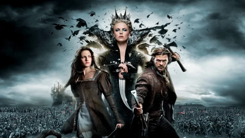 Bannière du film Blanche-Neige et le chasseur avec Kristen Stewart, Charlize Theron et Chris Hemsworth.