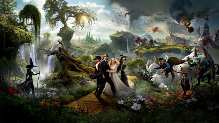 Bannière du film Le monde fantastique d'Oz réalisé par Sam Raimi avec James Franco, Mila Kunis, Rachel Weisz et Michelle Williams.