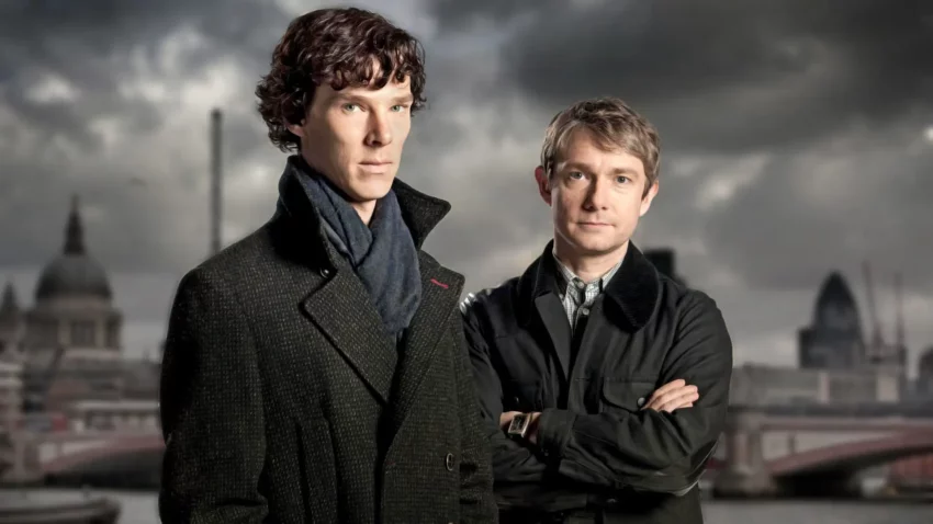 Bannière de la saison 1 de la série Sherlock avec Benedict Cumberbatch (Sherlock Holmes) et Martin Freeman (Docteur Watson).