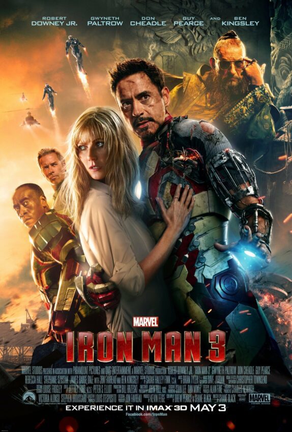Poster du film Iron Man 3 réalisé par Shane Black avec Robert Downey Jr., Gwyneth Paltrow, Guy Pearce, Ben Kingsley et Don Cheadle