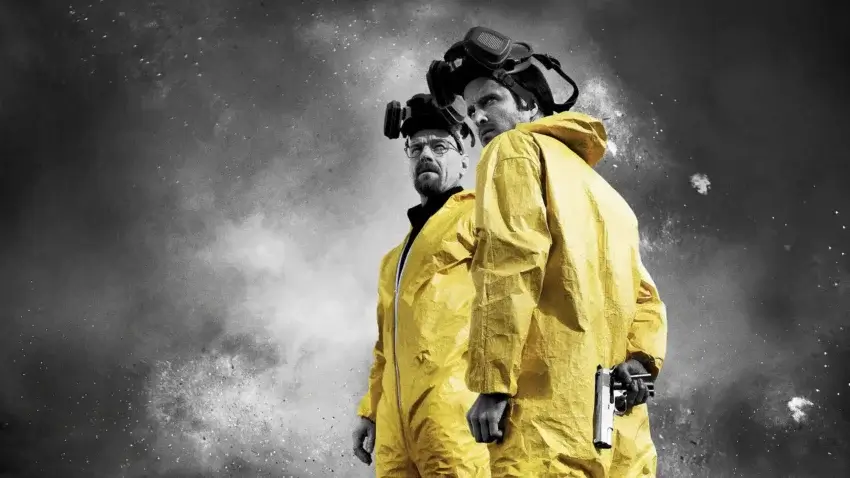 Bannière de la série Breaking Bad créée par Vince Gilligan avec Bryan Cranston (Walter White) et Aaron Paul (Jesse Pinkman).