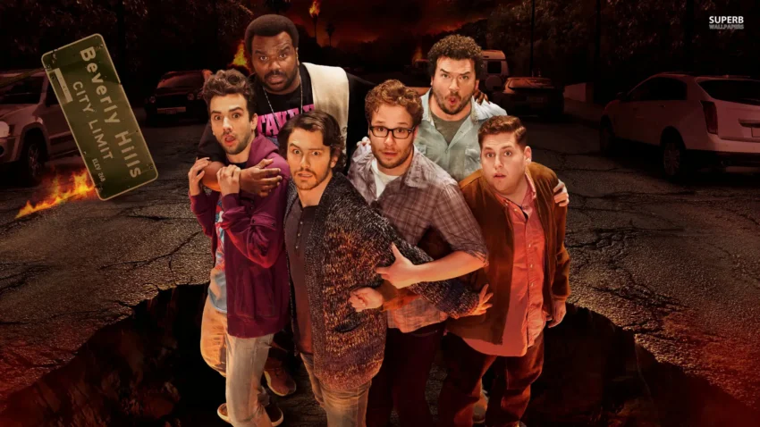 Bannière du film C'est la fin écrit et réalisé par Evan Goldberg et Seth Rogen.
