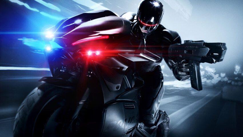 Bannière du film RoboCop réalisé par José Padilha avec Joel Kinnaman à moto