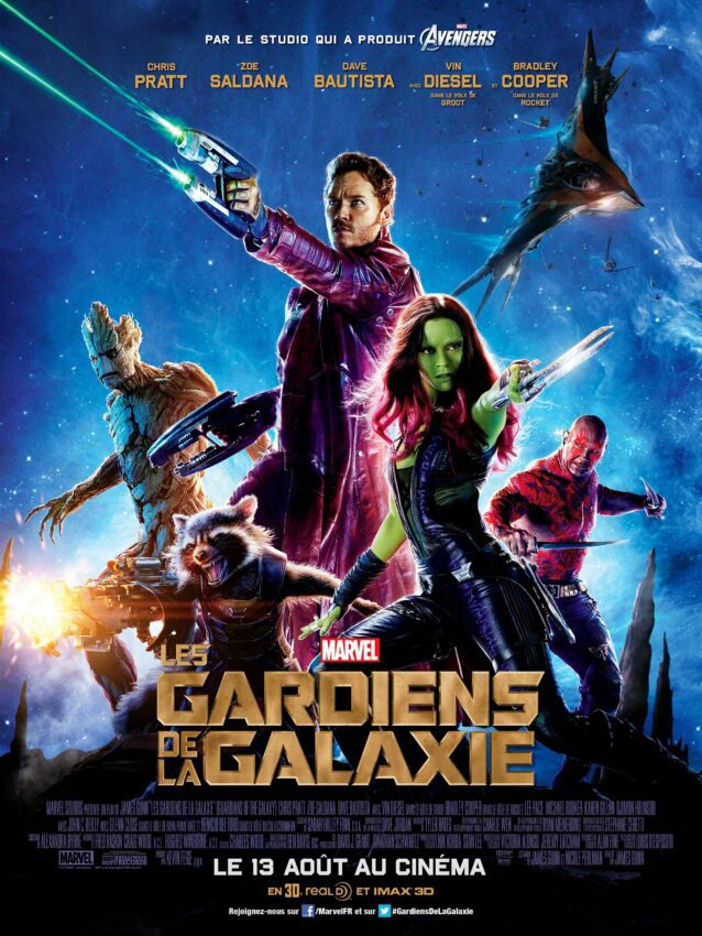 Affiche française du film Les Gardiens de la galaxie de James Gunn avec Gamora (Zoe Saldana), Star-Lord (Chris Pratt), Rocket Raccoon (Bradley Cooper), Drax le Destructeur (David Bautista) et Groot (Vin Diesel)