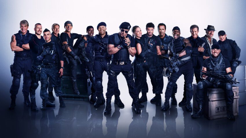 Bannière du film Expendables 3 réalisé par Patrick Hughes en 2014 avec Sylvester Stallone, Jason Statham, Arnold Schwarzenegger, Mel Gibson et Harrison Ford