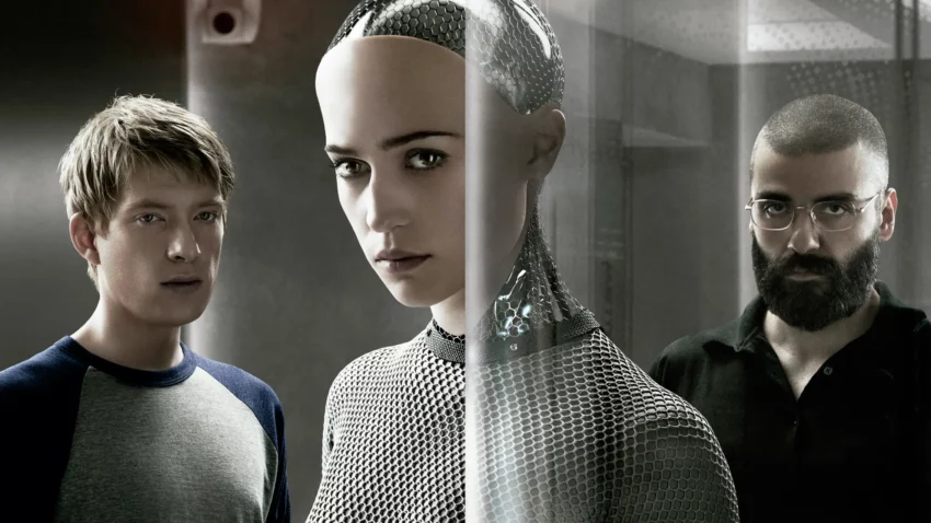 Bannière du film Ex Machina écrit et réalisé par Alex Garland avec Domhnall Gleeson, Alicia Vikander et Oscar Isaac.