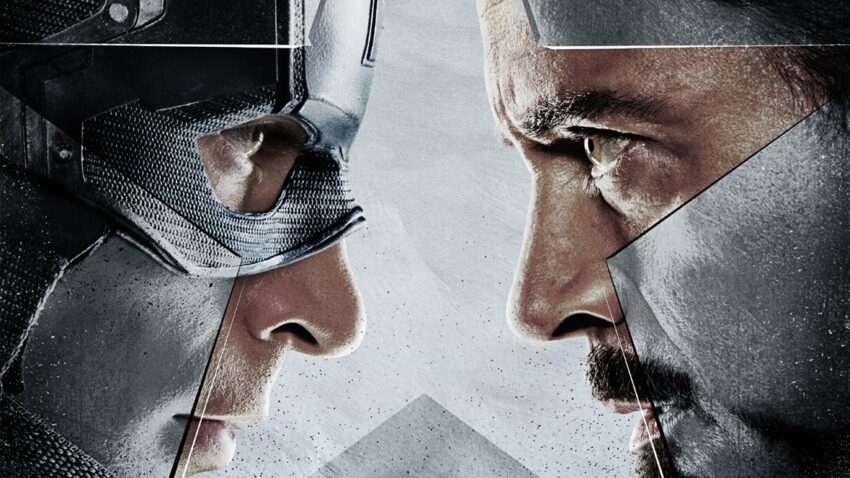 Poster teaser du film Captain America: Civil War réalisé par Anthony et Joe Russo, d’après un scénario de Christopher Markus et Stephen McFeely, avec Chris Evans (Steve Rogers / Captain America) et Robert Downey Jr. (Tony Stark / Iron Man)