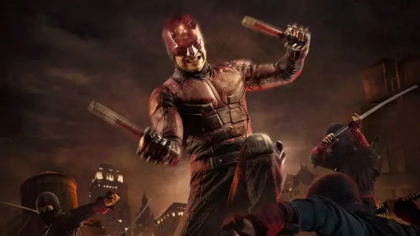 Bannière de la saison 2 de Daredevil par Doug Petrie et Marco Ramirez avec Charlie Cox et la Main.