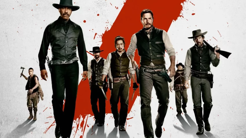 Bannière du film Les Sept Mercenaires (2016) réalisé par Antoine Fuqua avec Denzel Washington, Chris Pratt, Ethan Hawke, Vincent D’Onofrio, Byung-hun Lee, Peter Sarsgaard.