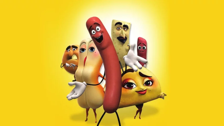 Bannière du film Sausage Party (2016) réalisé par Greg Tiernan et Conrad Vernon avec les voix de Seth Rogen, Kristen Wiig, Nick Kroll, Michael Cera, Salma Hayek, Paul Rudd, James Franco, Edward Norton, Jonah Hill, Danny McBride, Craig Robinson.