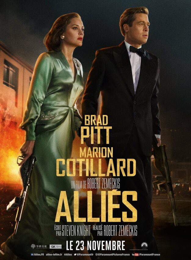 Affiche française d'Alliés avec Brad Pitt et Marion Cotillard