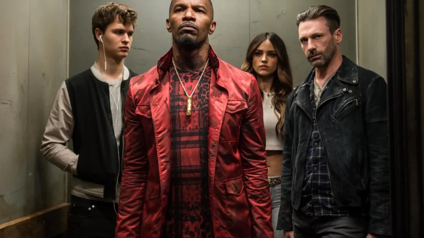 Photo du film Baby Driver avec Ansel Elgort, Jamie Foxx, Eiza González et Jon Hamm.