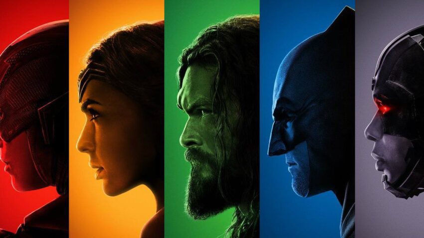 Bannière (très colorée) pour le film Justice League avec Flash, Wonder Woman, Aquaman, Batman et Cyborg
