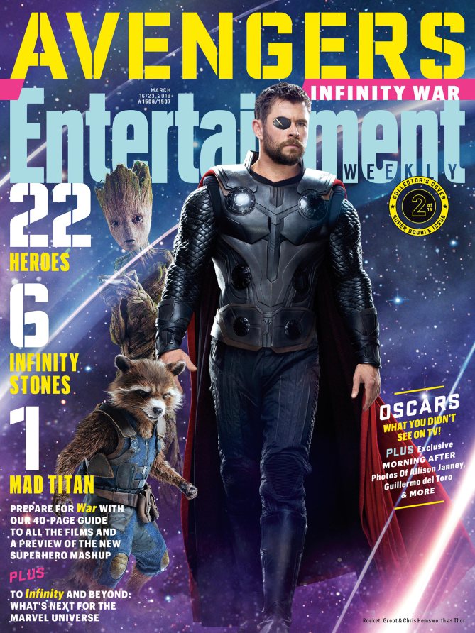 Couverture du magazine Entertainment Weekly pour le film Avengers: Infinity War avec Thor, Groot & Rocket