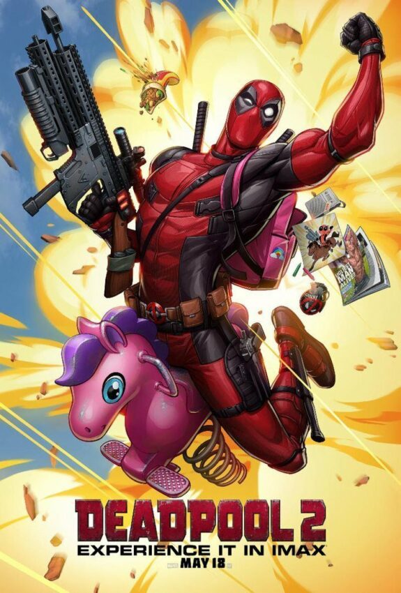 Poster du film Deadpool 2 avec Deadpool fuyant une explosion tout en chevauchant une licorne
