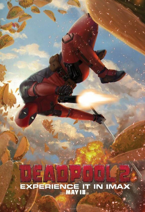 Poster du film Deadpool 2 avec Deadpool venant de sauter tout en tirant et en étant stylé