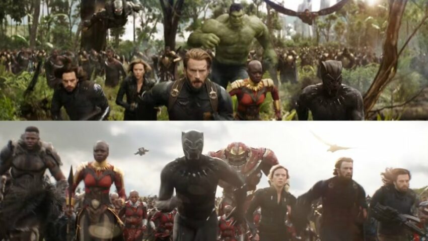 Photo illustrant les différences entre deux plans iconiques du film Avengers: Infinity War.