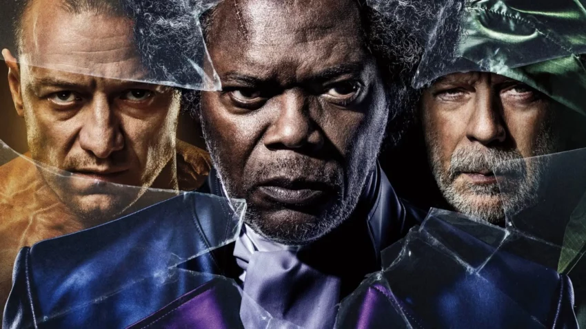 Bannière du film Glass écrit et réalisé par M. Night Shyamalan avec James McAvoy, Bruce Willis et Samuel L. Jackson.
