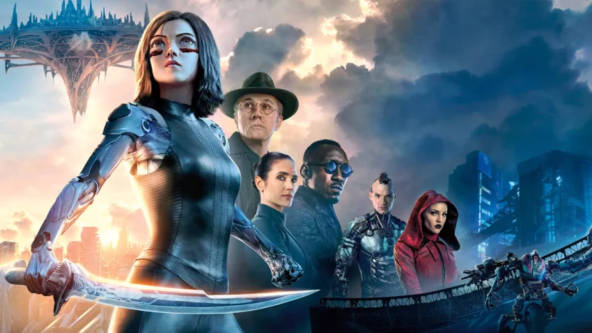 Bannière du film Alita: Battle Angel réalisé par Robert Rodriguez avec Eiza González, Rosa Salazar, Mahershala Ali, Jennifer Connelly, Michelle Rodriguez, Ed Skrein, Christoph Waltz, Jackie Earle Haley.