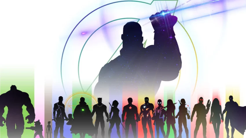Bannière du film Avengers: Endgame réalisé par Anthony et Joe Russo, d’après un scénario de Christopher Markus et Stephen McFeely, avec, de gauche à droite, Rocket, War Machine, Nebula, Bruce Banner, Thor, Iron Man, Captain America, Black Widow, Captain Marvel, Hawkeye, Ant-Man et Okoye.