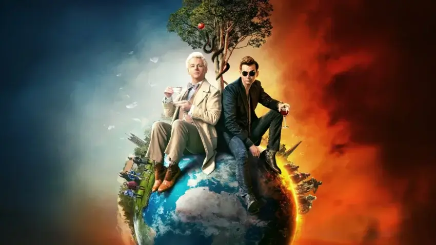 Bannière de la mini-série Good Omens avec Michael Sheen et David Tennant.