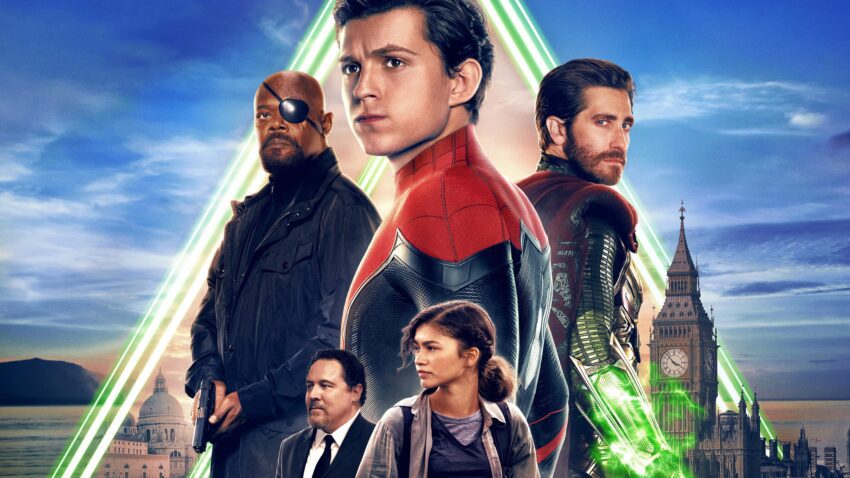 Bannière du film Spider-Man: Far From Home réalisé par Jon Watts, d’après un scénario de Chris McKenna et Erik Sommers, avec Tom Holland, Zendaya, Jon Favreau, Samuel L. Jackson et Jake Gyllenhaal