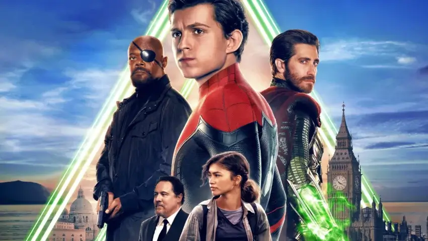 Bannière du film Spider-Man: Far From Home réalisé par Jon Watts, d’après un scénario de Chris McKenna et Erik Sommers, avec Tom Holland, Zendaya, Jon Favreau, Samuel L. Jackson et Jake Gyllenhaal.