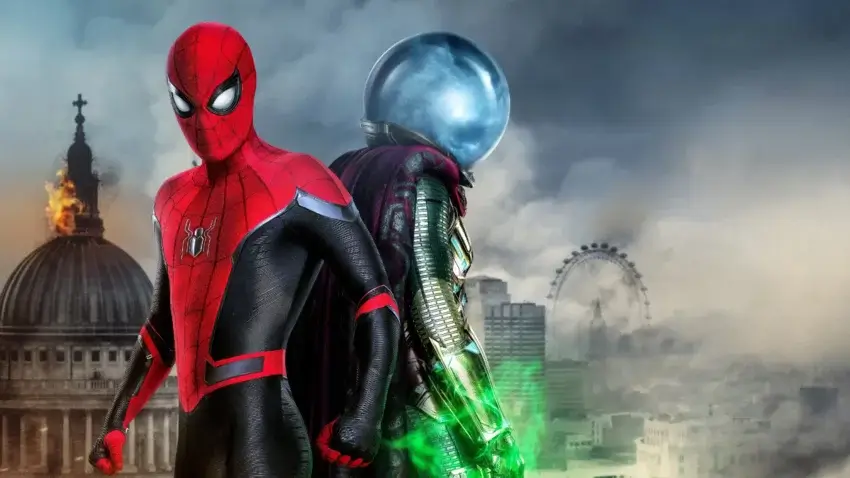 Bannière du film Spider-Man: Far From Home avec Spider-Man et Mystério.