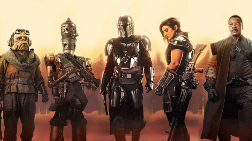 Bannière pour la première saison de la série Star Wars, The Mandalorian, dirigée par Jon Favreau, avec les personnages