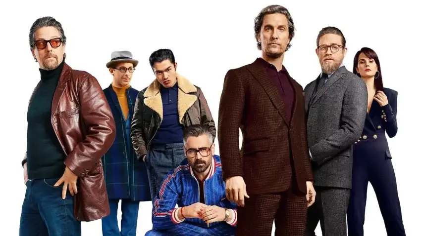Bannière du film The Gentlemen écrit et réalisé par Guy Ritchie avec Matthew McConaughey, Charlie Hunnam, Michelle Dockery, Jeremy Strong, Colin Farrell, Henry Golding, Hugh Grant, Eddie Marsan.