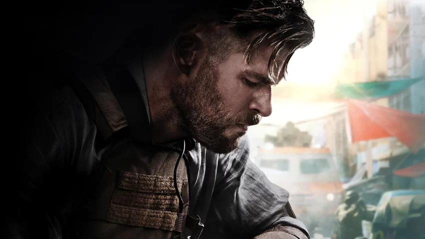 Bannière du film Netflix, Tyler Rake (Extraction en VO), avec Chris Hemsworth.