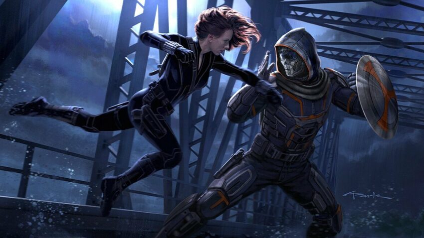 Concept Art d'Andy Park pour le film Black Widow où Natasha Romanoff affronte Taskmaster