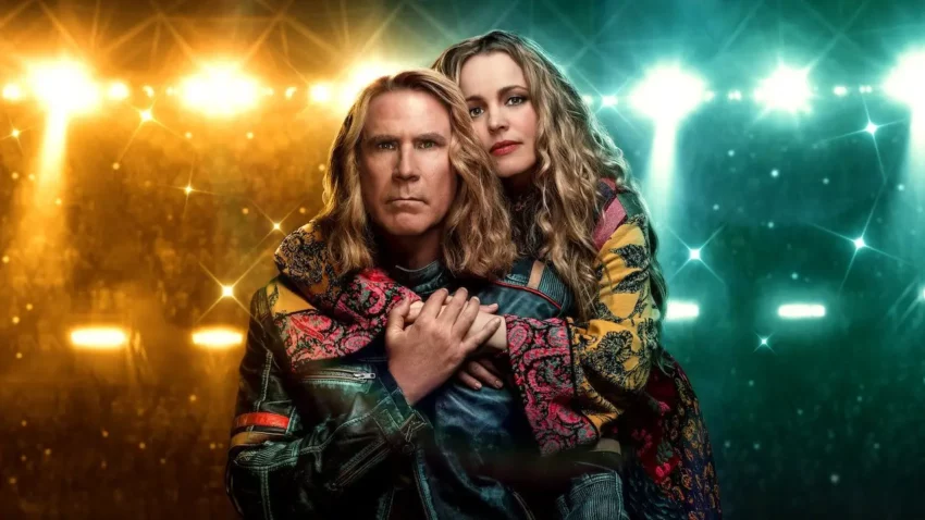 Bannière du film Netflix, Eurovision Song Contest: The Story of Fire Saga, avec Will Ferrell et Rachel McAdams.