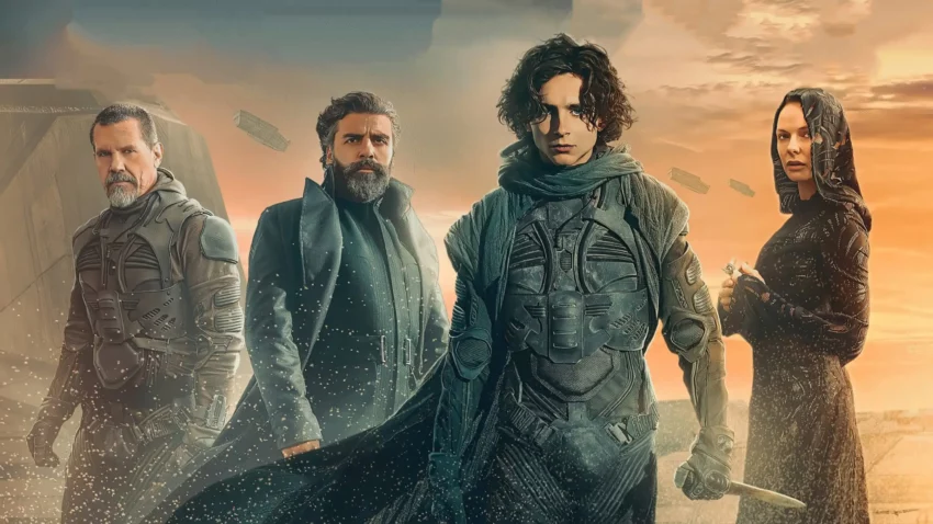 Bannière du film Dune (2021) réalisé par Denis Villeneuve sur un scénario de Eric Roth, Denis Villeneuve et Jon Spaihts, avec la famille Atréides.