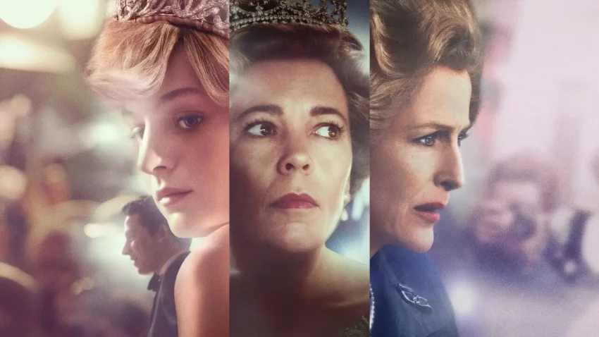 Bannière de la quatrième saison de la série Netflix, The Crown, avec Emma Corrin, Josh O'Connor, Olivia Colman et Gillian Anderson.