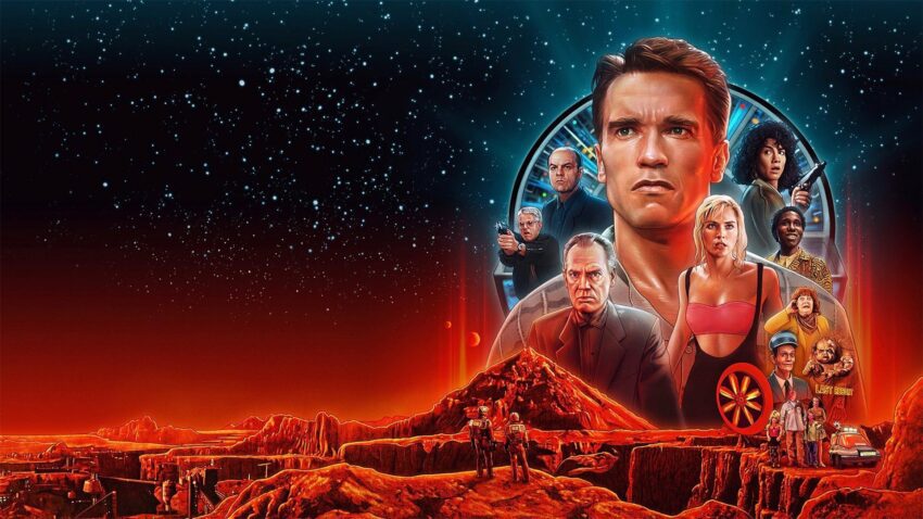 Bannière du film Total Recall réalisé par Paul Verhoeven avec Arnold Schwarzenegger, Sharon Stone, Michael Ironside, Rachel Ticotin, Ronny Cox