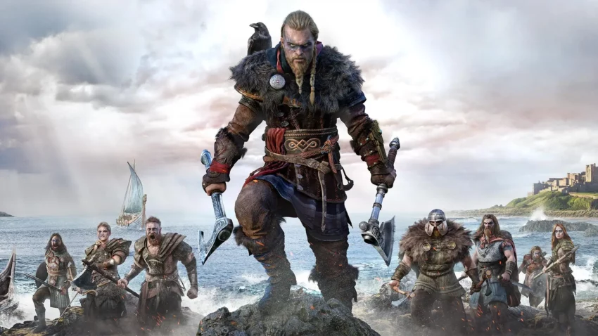 Bannière du jeu vidéo Assassin's Creed Valhalla développé par Ubisoft Montréal et édité par Ubisoft.