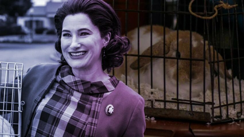 Bannière pour la série Marvel Studios prévue sur Disney+, WandaVision, avec Kathryn "Agatha Harkness" Hahn et Señor Scratchy