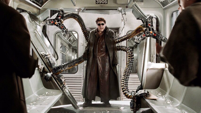 Photo du film Spider-Man 2 réalisé par Sam Raimi avec le docteur Octopus dans le métro (Alfred Molina)