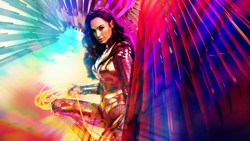 Bannière du film Wonder Woman 1984 avec Gal Gadot dans l'armure dorée.