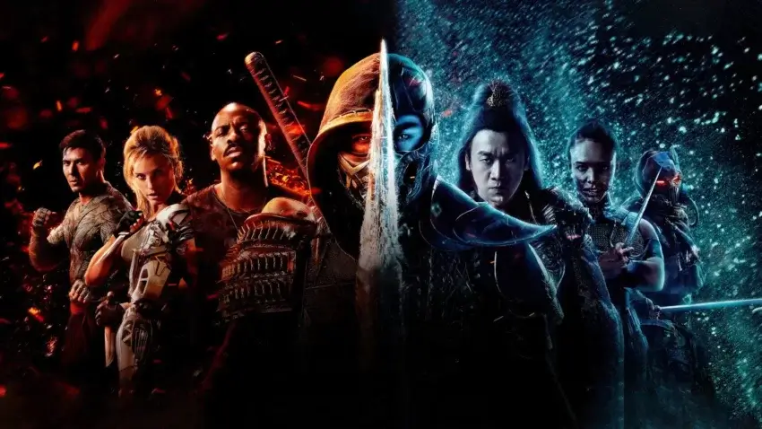 Bannière du film Mortal Kombat (2021) réalisé par Simon McQuoid avec Lewis Tan, Jessica McNamee, Joe Taslim, Mehcad Brooks, Hiroyuki Sanada, Chin Han et Sisi Stringer.