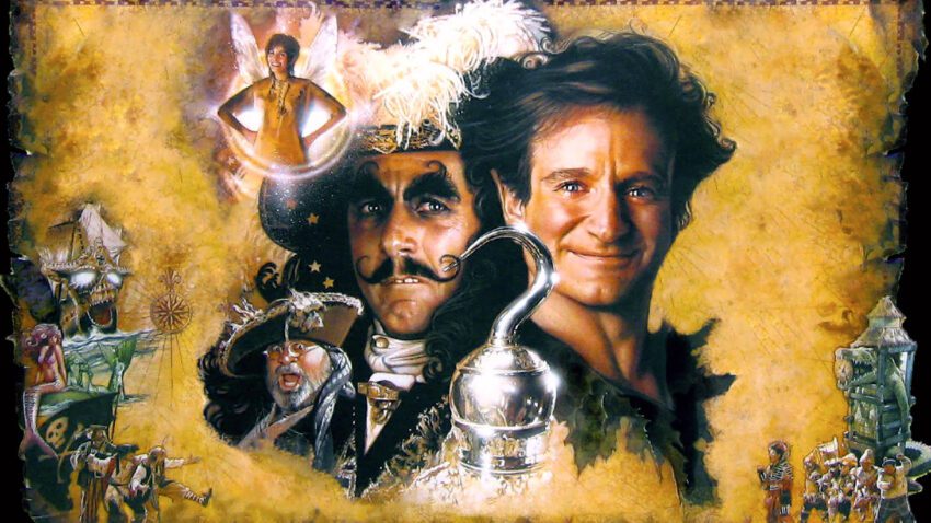 Bannière du film Hook ou la revanche du Capitaine Crochet (1991) avec Dustin Hoffman, Robin Williams et Julia Roberts