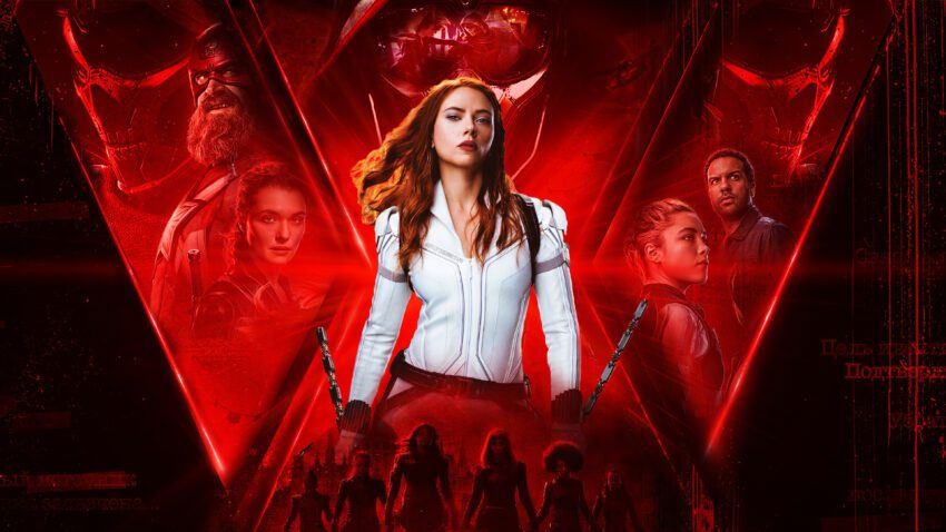 Bannière pour le film Black Widow réalisé par Cate Shortland, d’après un scénario de Ned Benson et Jac Schaeffer, avec Scarlett Johansson en costume blanc, Florence Pugh, Rachel Weisz et David Harbour