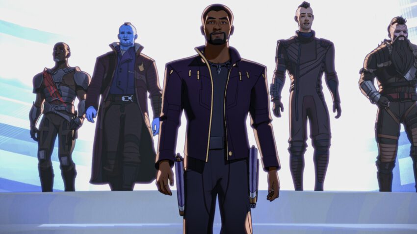 Photo de la série Marvel Studios pour Disney+, What If...? créée par A. C. Bradley avec T'Challa alias Star-Lord et les Ravagers