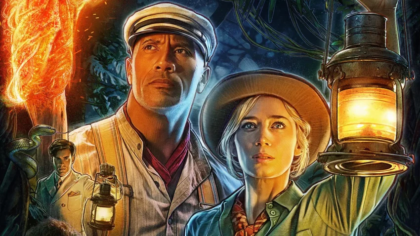 Bannière du film Jungle Cruise réalisé par Jaume Collet-Serra avec Dwayne Johnson, Emily Blunt et Jack Whitehall.
