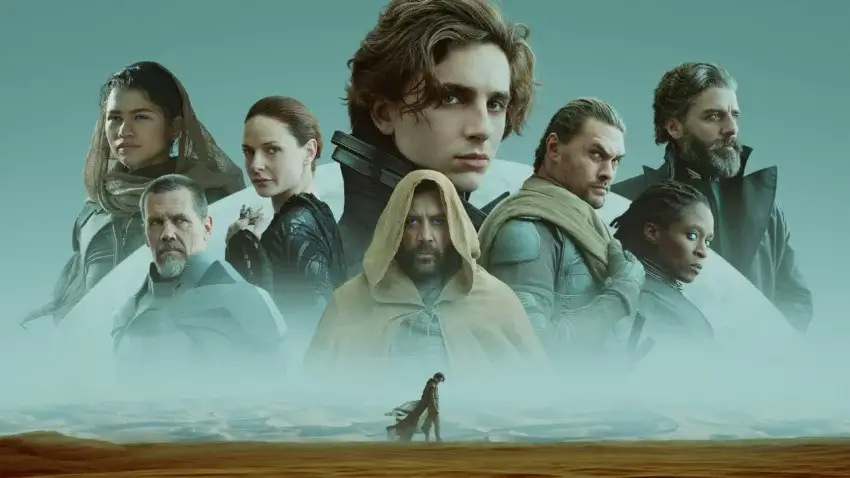 Bannière du film Dune (2021) réalisé par Denis Villeneuve sur un scénario de Eric Roth, Denis Villeneuve et Jon Spaihts, avec Timothée Chalamet, Rebecca Ferguson, Oscar Isaac, Josh Brolin, Stellan Skarsgård, Dave Bautista, Zendaya, David Dastmalchian, Stephen Henderson, Charlotte Rampling, Jason Momoa, Javier Bardem et Chang Chen.