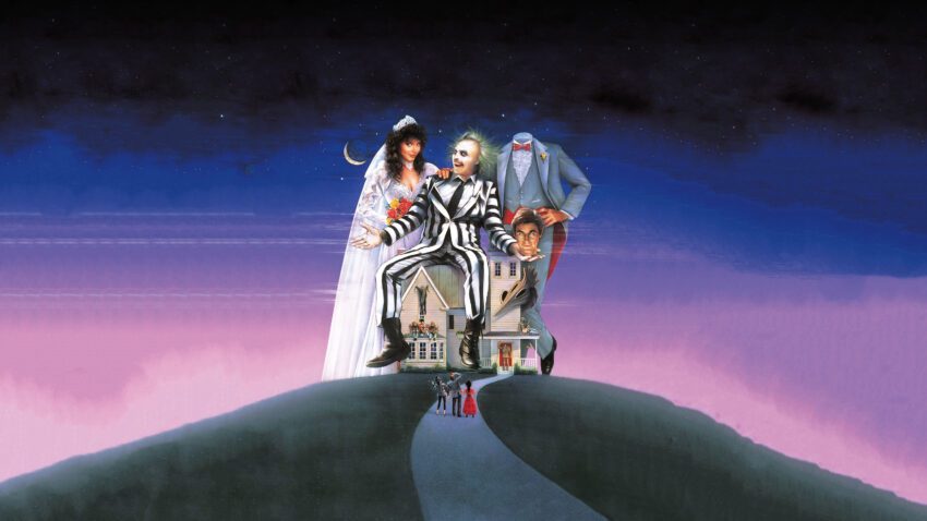 Bannière du film Beetlejuice réalisé par Tim Burton avec Michael Keaton, Winona Ryder, Geena Davis et Alec Baldwin